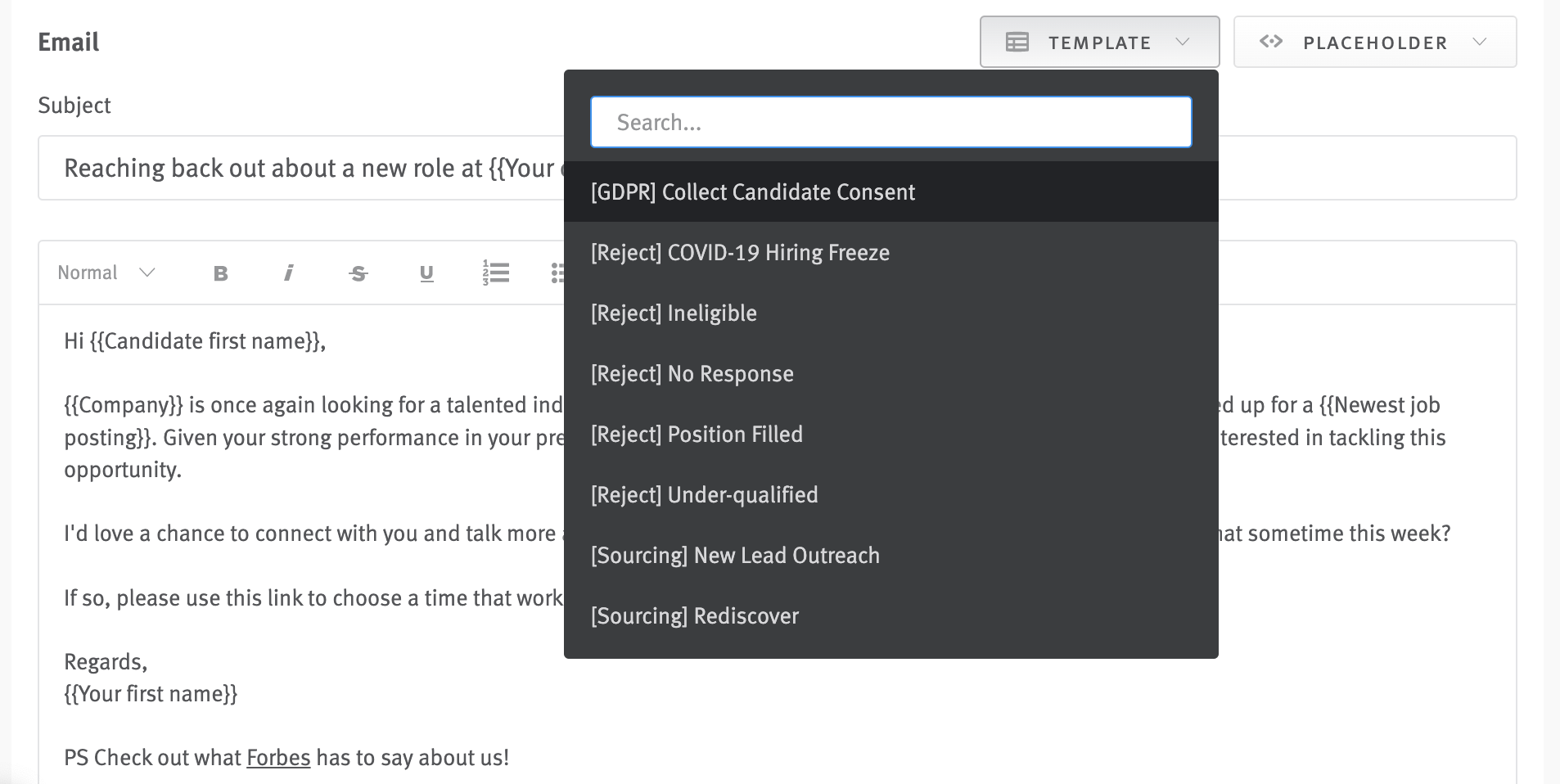Email editor with template menu expanded.