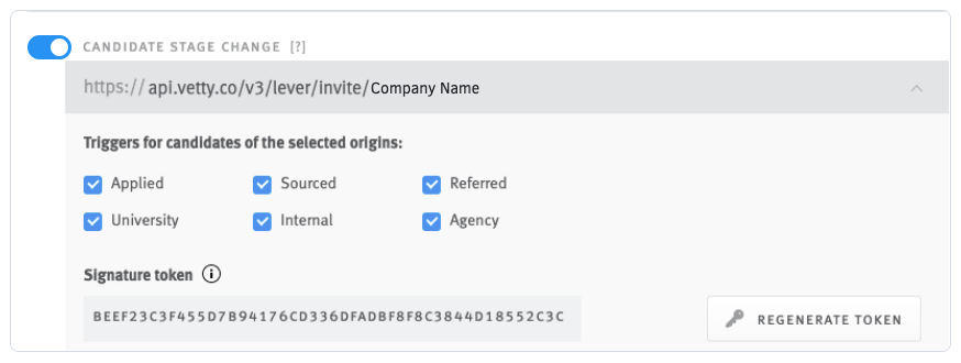 Candidate Stage Change toggle in Lever with Lever ATS URL pasted into field beneath it.