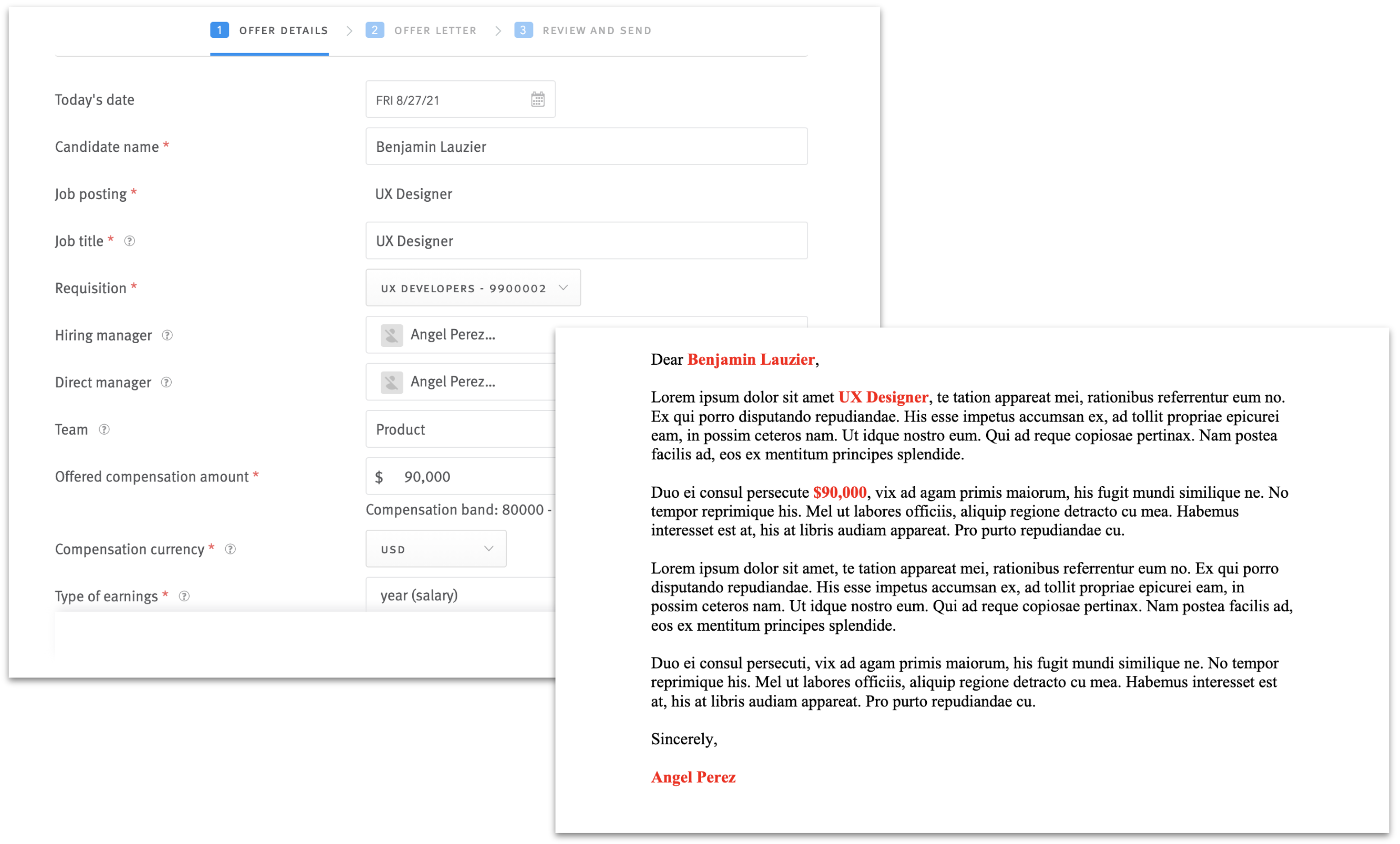 Two image overlay. Rear image is offer editor in Lever. Front image is text document of offer letter.
