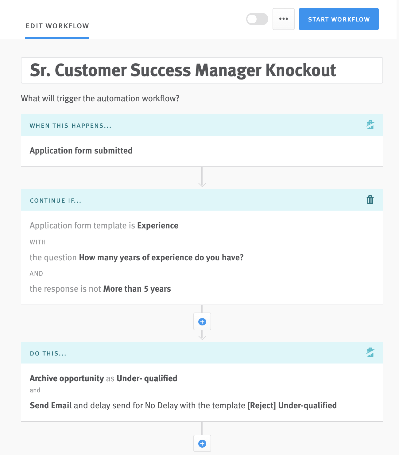 Automation Workflow editor in Lever with logic set to automatically archive candidates with less than 5 years of experience and send them a templated rejection email.