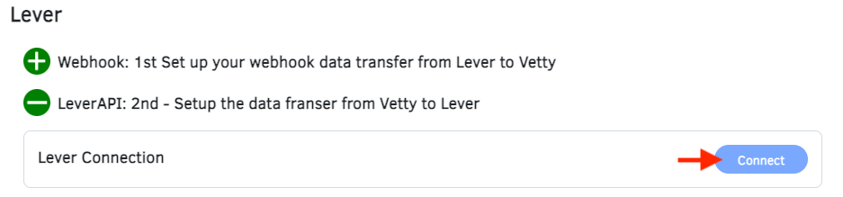 Arrow pointing to connect button aligned to the right of the LeverAPI heading on the Lever card in Vetty Settings.