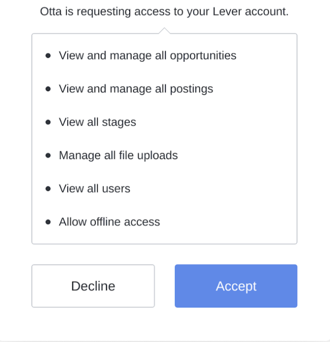 Otta authorization editor with list of permissions and blue accept button