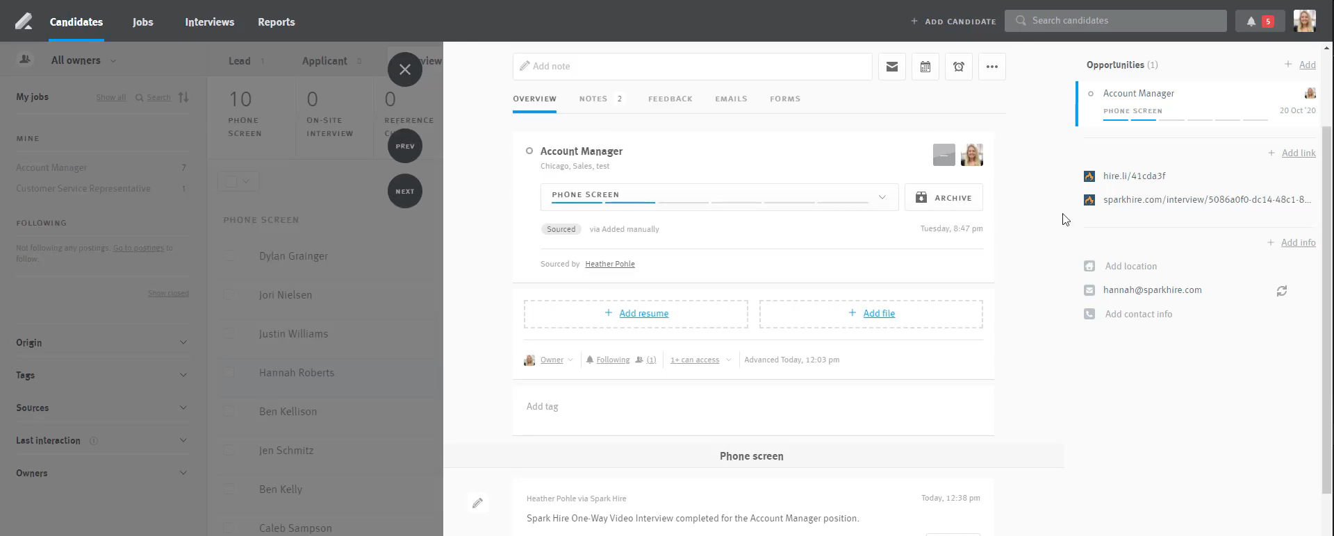 Lever candidate profile showing Spark hire update in notes section