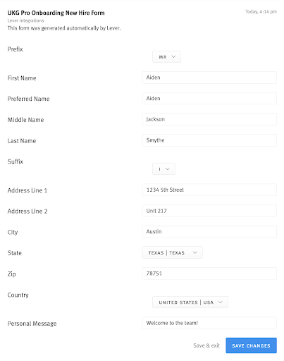 A filled out UKG Profile Form in Lever.