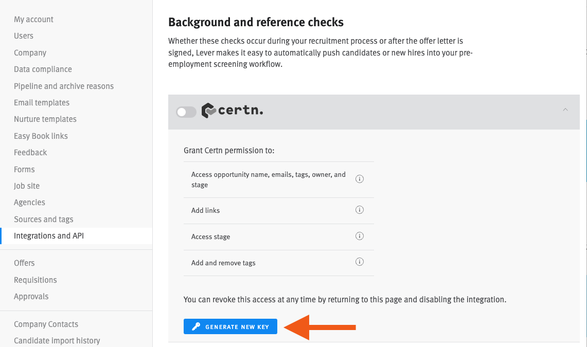 Certn configuration page with arrow pointing to generate new key button