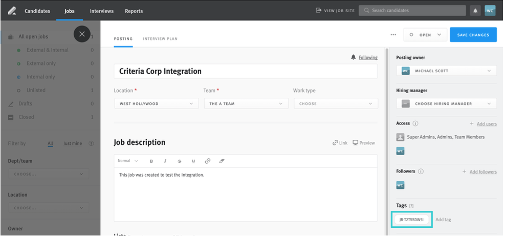 Posting editor in Lever; tag with Criteria Corp job code is outlined