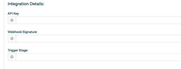 Integration details modal in Certn with fields for API key, webhook signature and trigger stage.