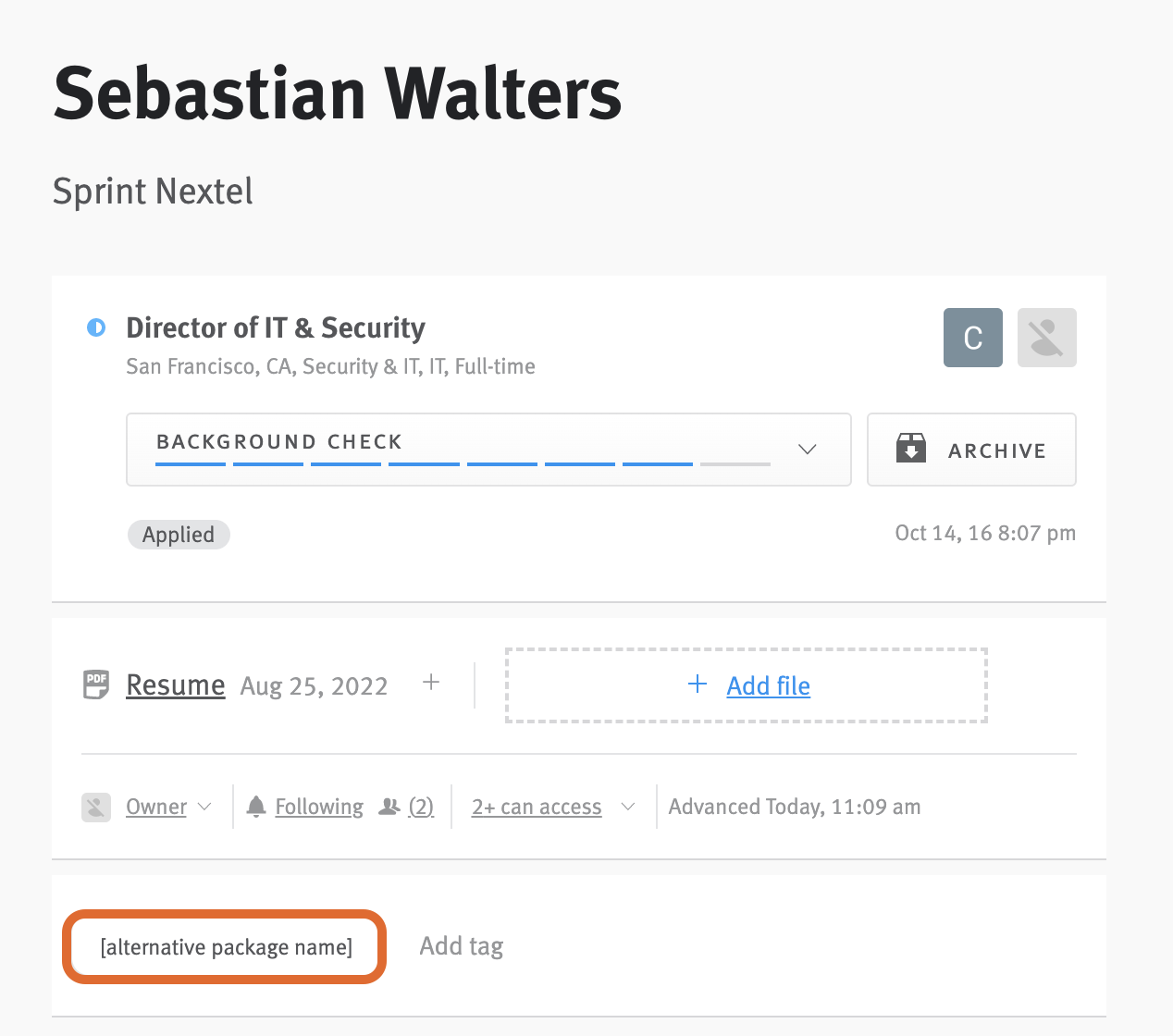 Close-up of candidate profile with tag containing alternative package name outlined.