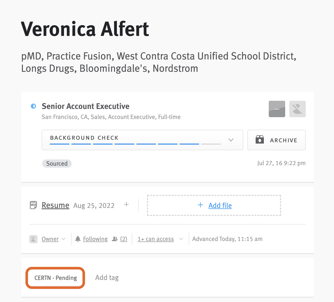 Candidate profile with CERTN - Pending tag outlined