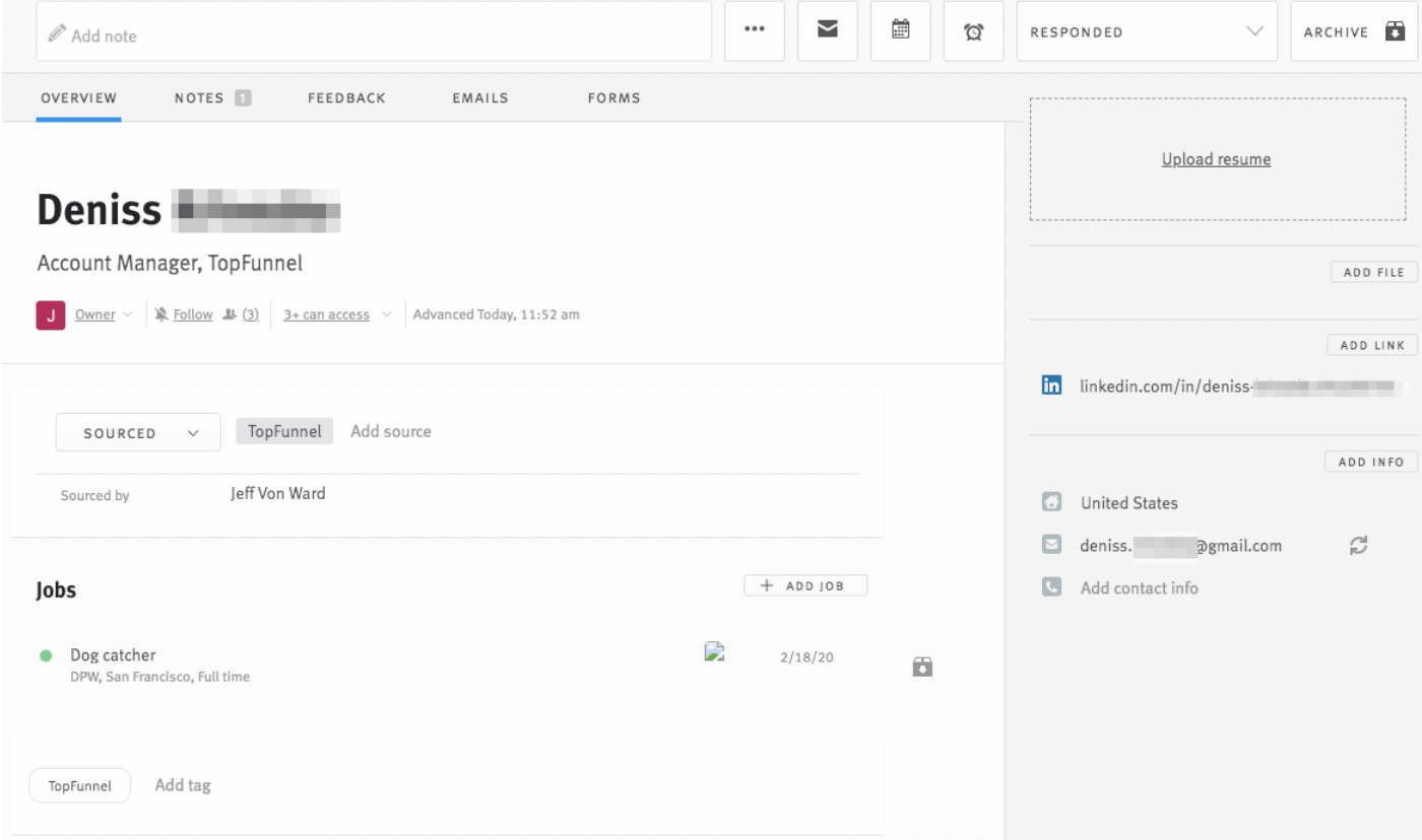 Lever candidate profile showing Topfunnel tag.