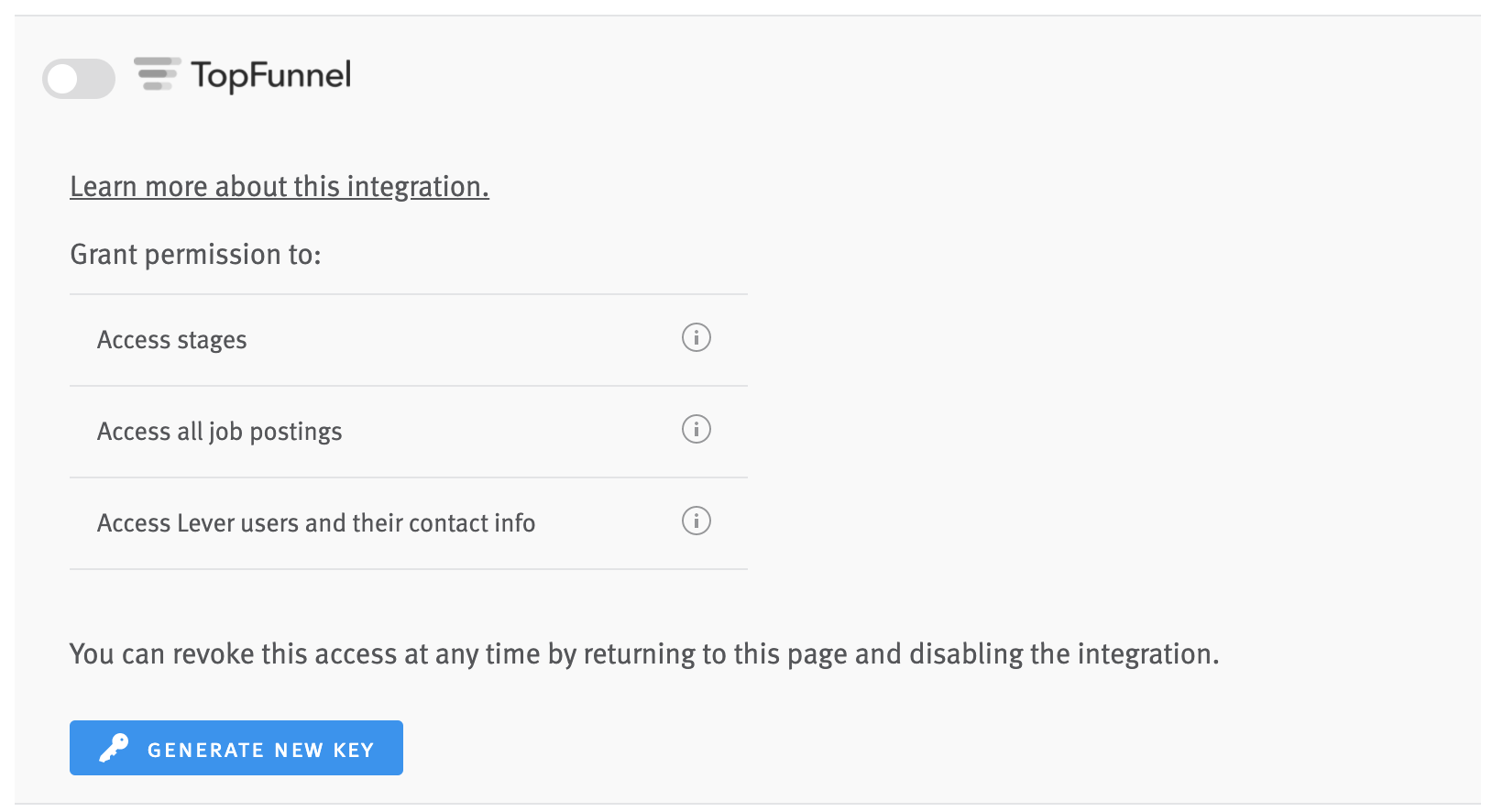 Lever settings TopFunnel listing with blue generate new key button.