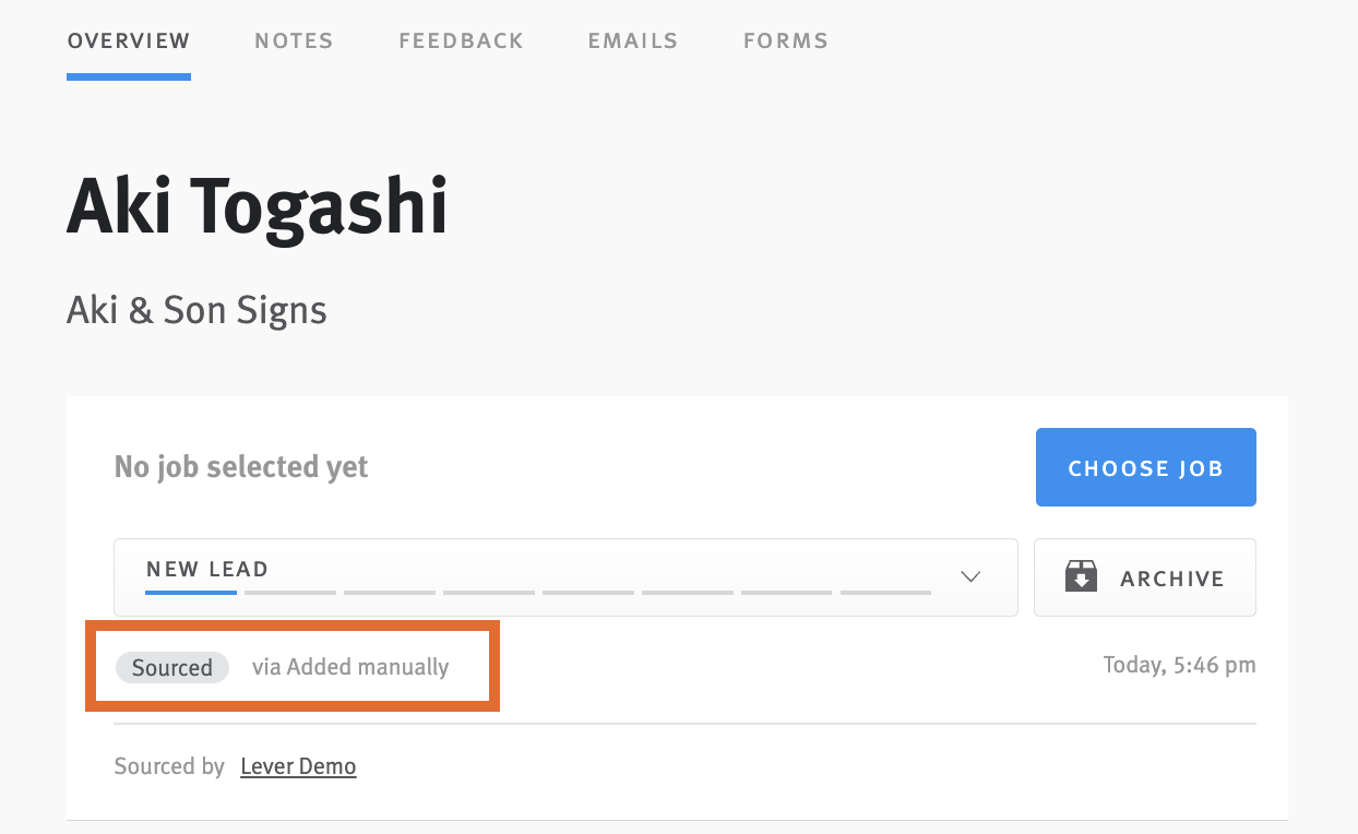 Candidate profile with source and via added manually highlighted