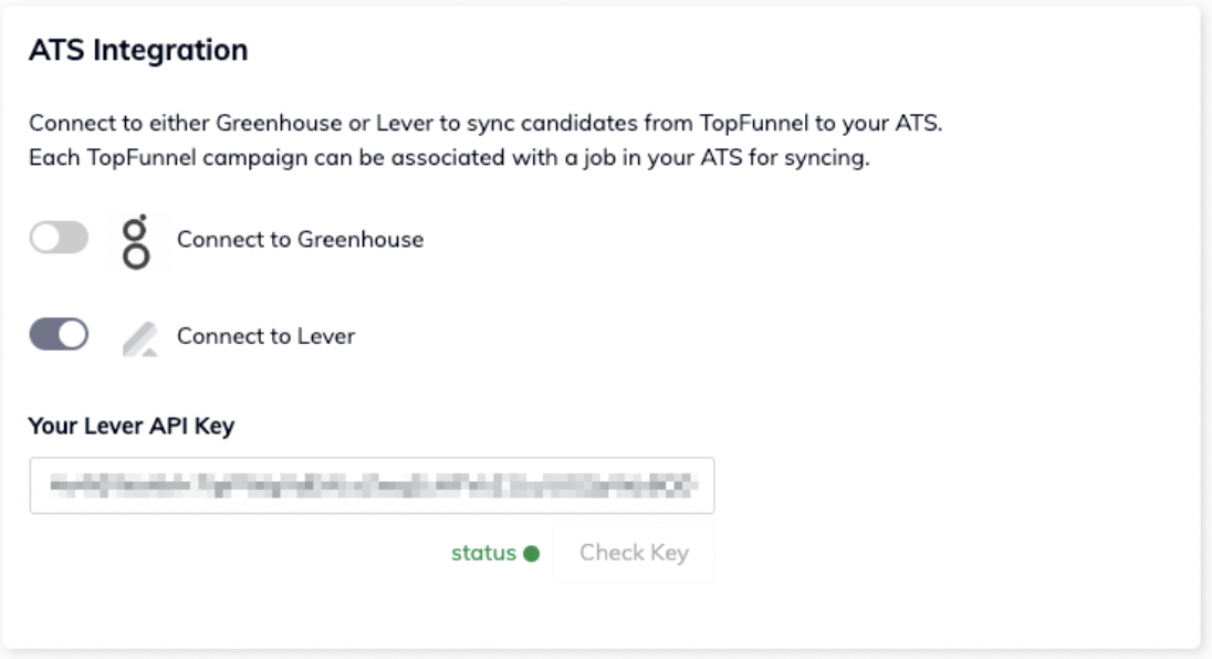 TopFunnel settings page with Your Lever API key field.