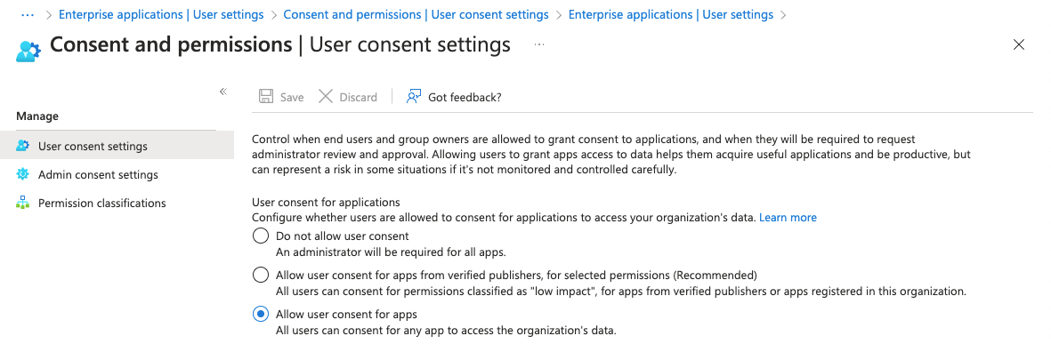 User consent settings page in Entra Admin portal