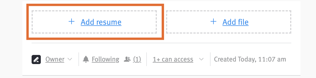 Candidate profile with box outlining add resume section