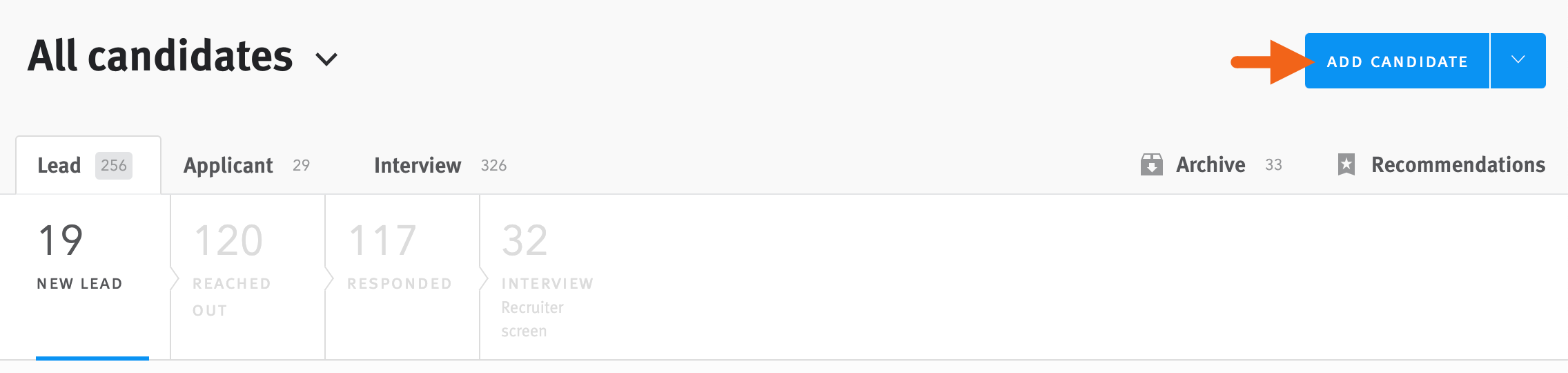 Arrow pointing to Add candidate button above opportunity list
