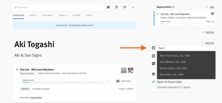 Candidate profile with arrow pointing to contact location field with drop down options menu.