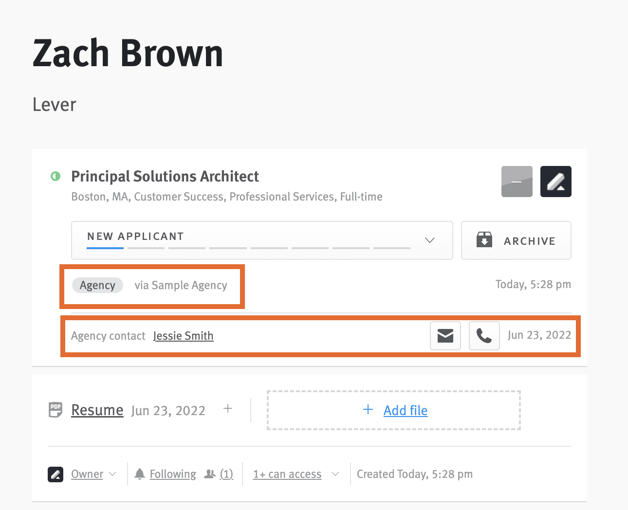 Candidate profile with Agency origin and source tag circled, as well as agency primary contact information.