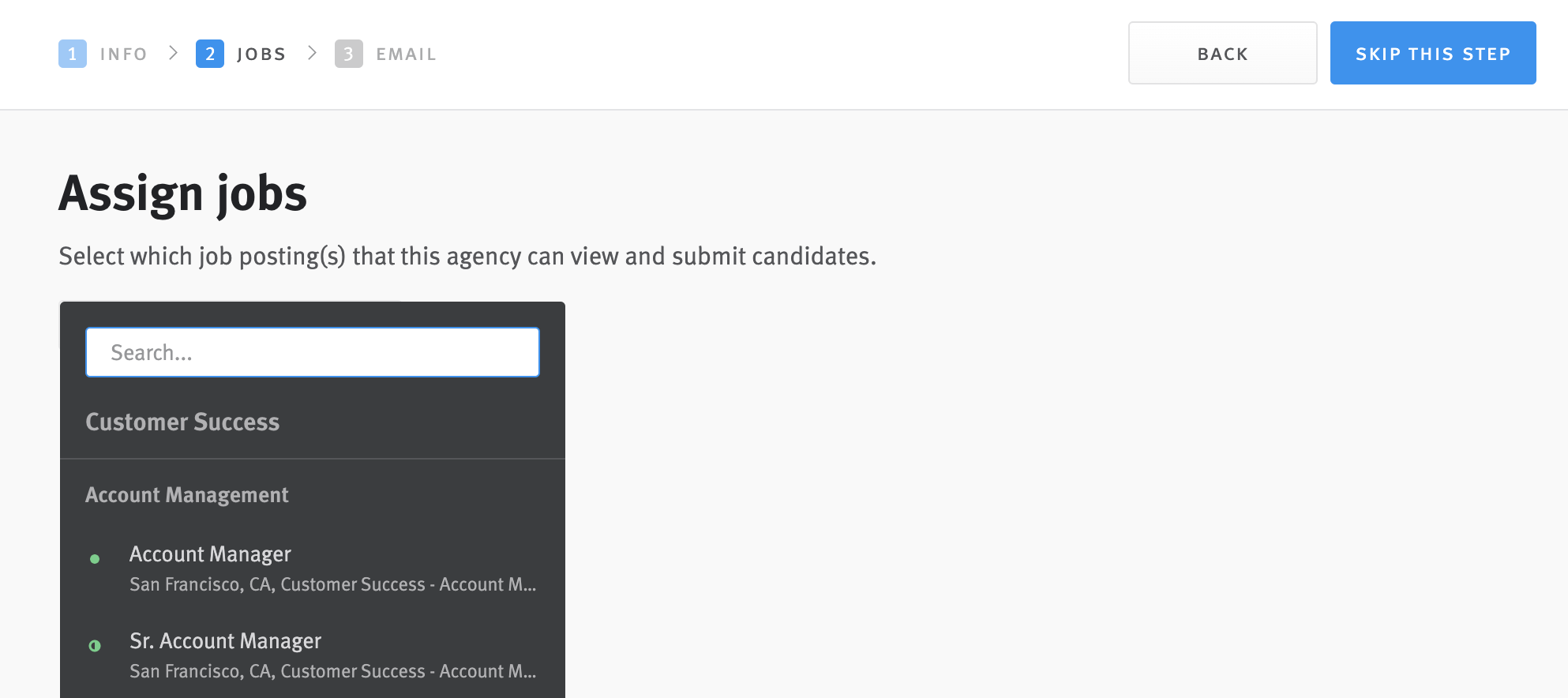 Job assignment menu expanded in agency editor.