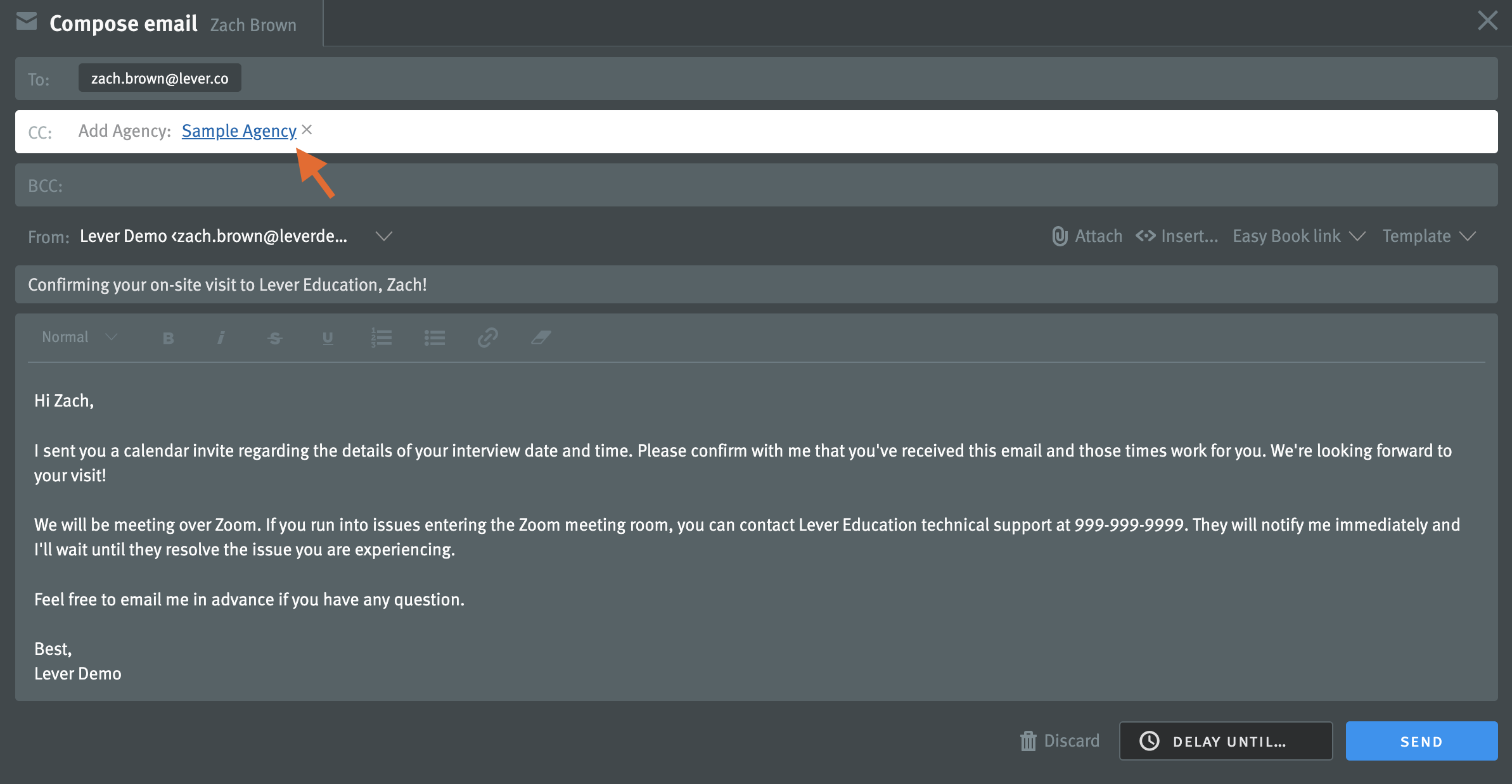 Email composer with arrow pointing to cc field where agency is listed.