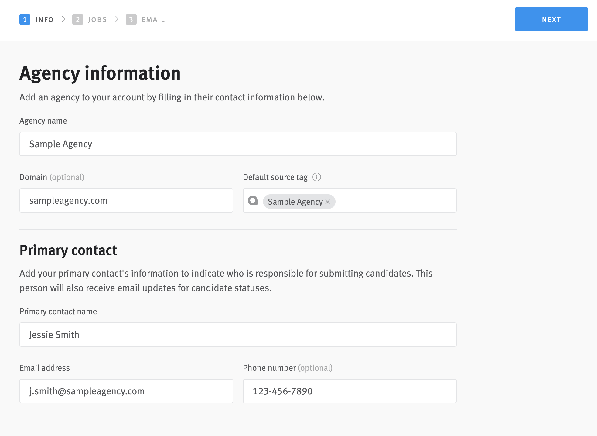 Agency editor with agency information and primary contact fields filled out.