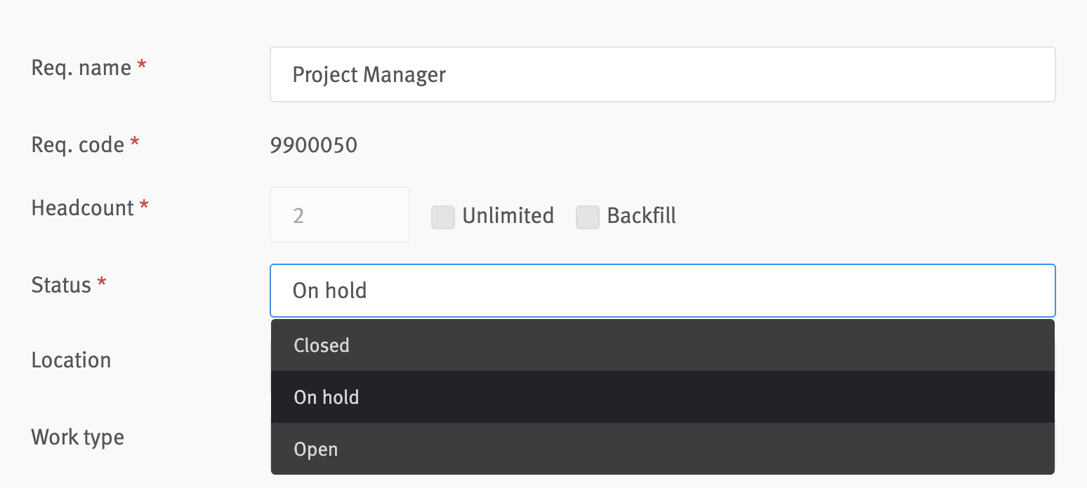 Close up of requisition editor with status menu expanded