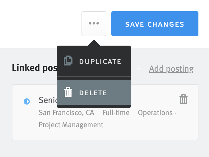 Menu extending from ellipses button at the top of requisition editor; delete option highlighted on hover.