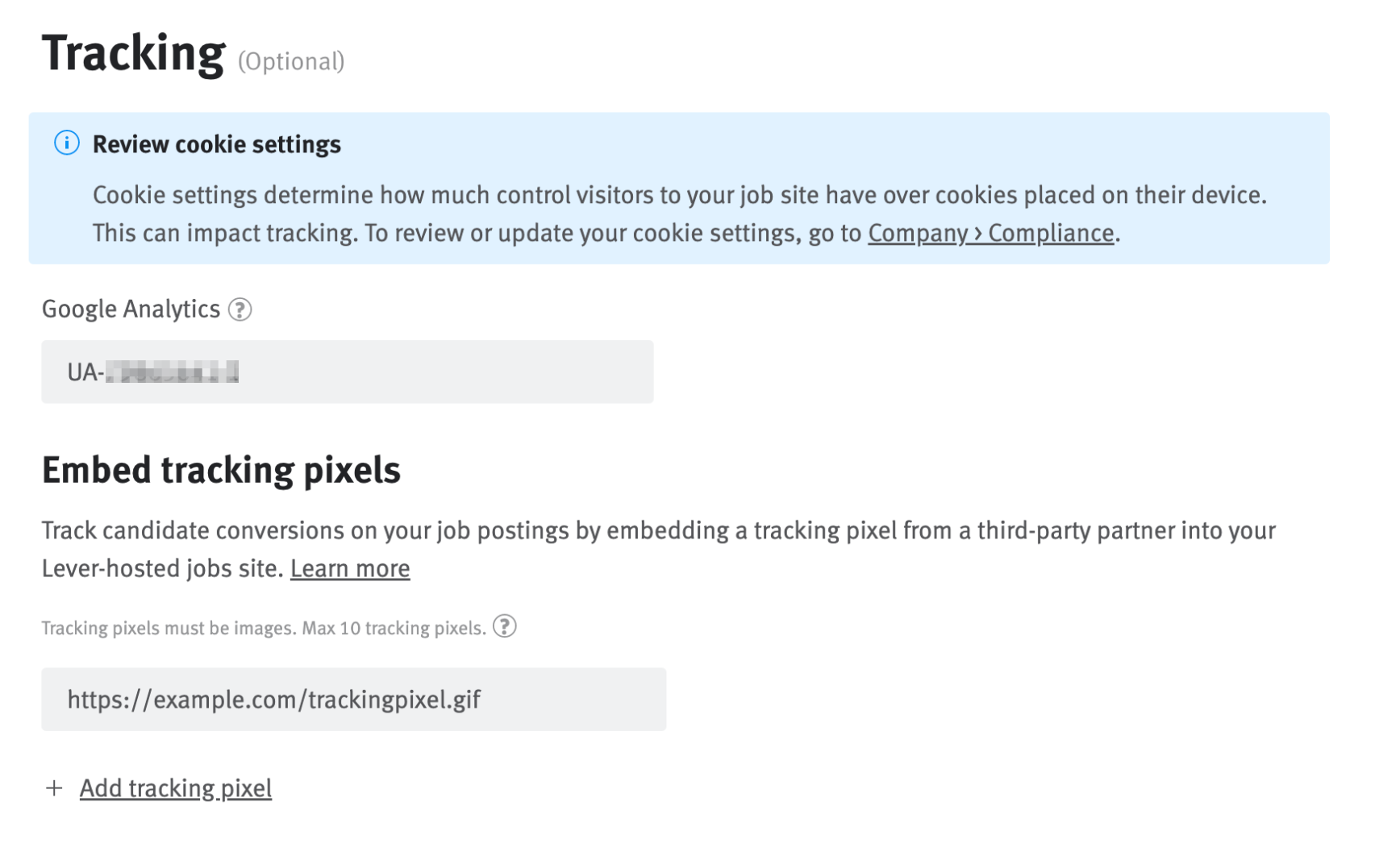 Tracking settings with Google Analytics tracking id and tracking pixel field.