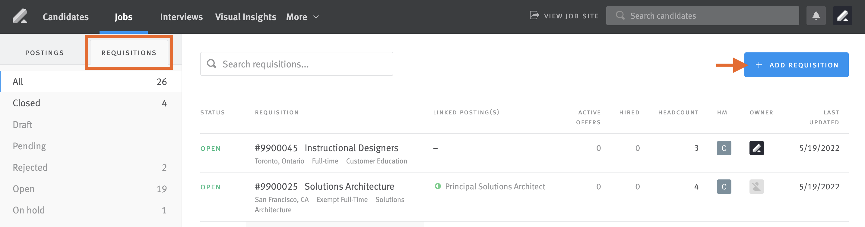 Requisitions page in Jobs section with arrow pointing to Add Requisition button.