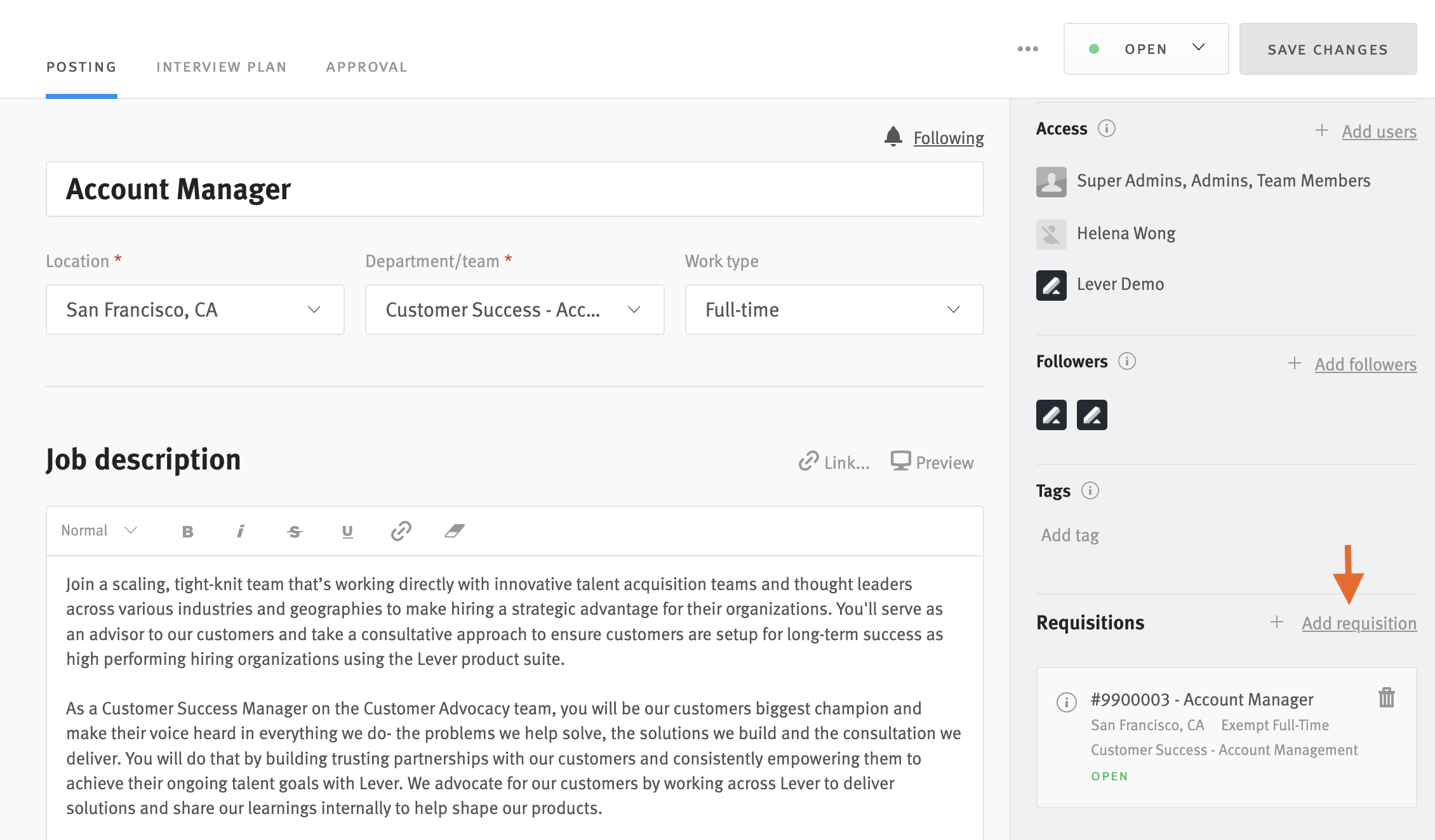 Close-up of posting editor with arrow pointing to Add requisition button.