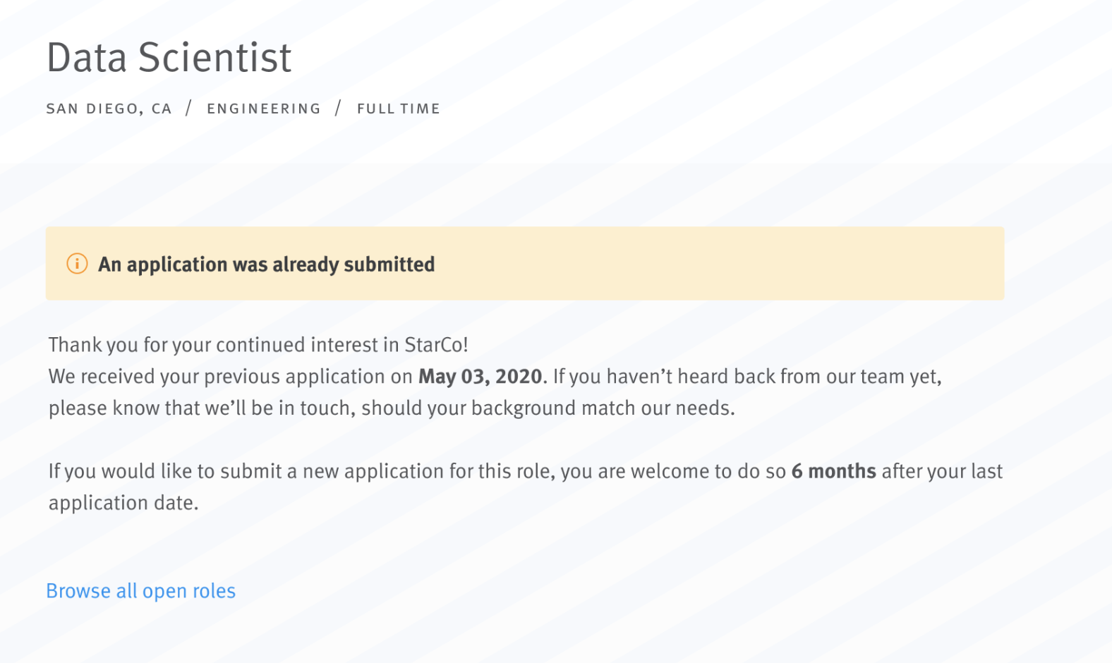 Preview of message shown to applicant blocked from submitting a repeat application.