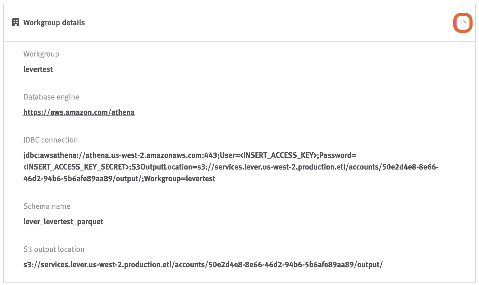 Workgroup details frame with drop-down button outlined.