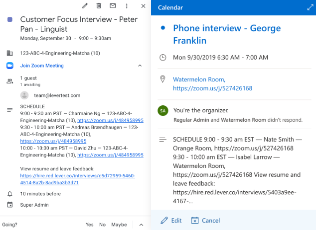 Google event and microsoft 365 event listings with zoom links listed.