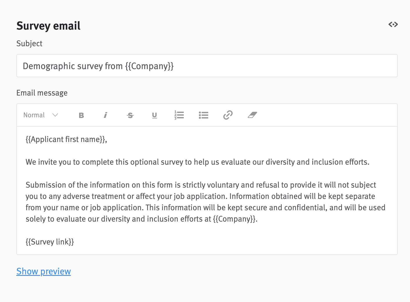 Diversity survey email editor.