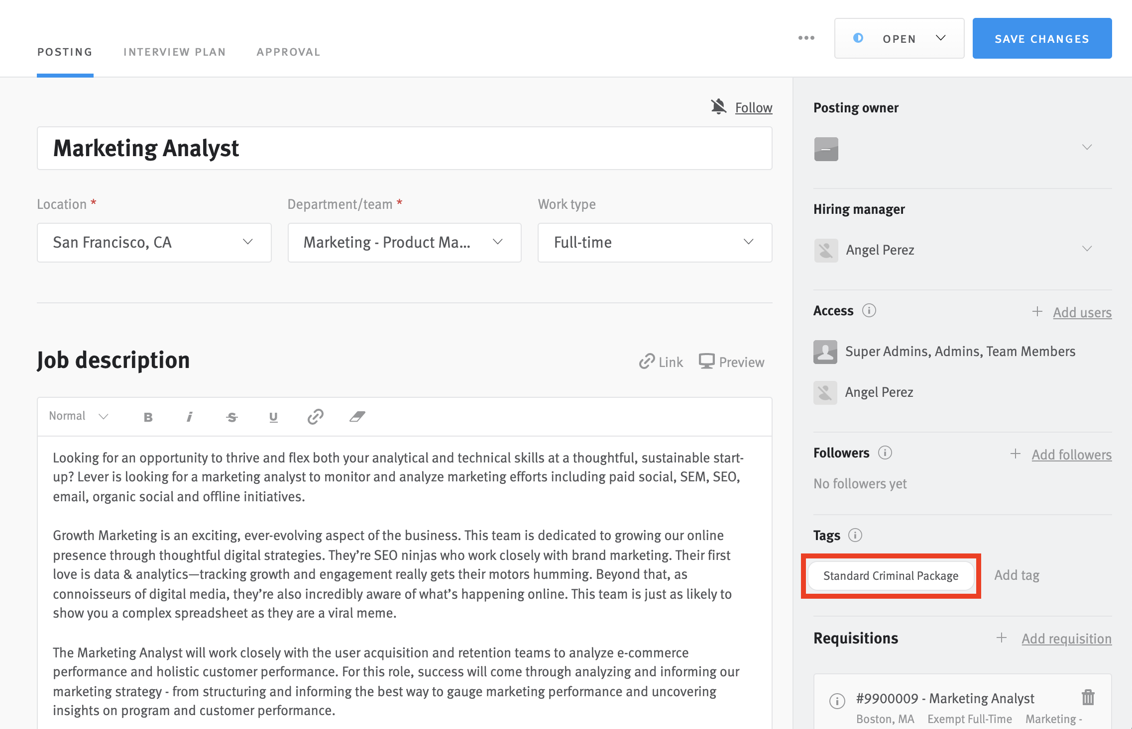 Posting editor with tag reading Standard Criminal Package circled.