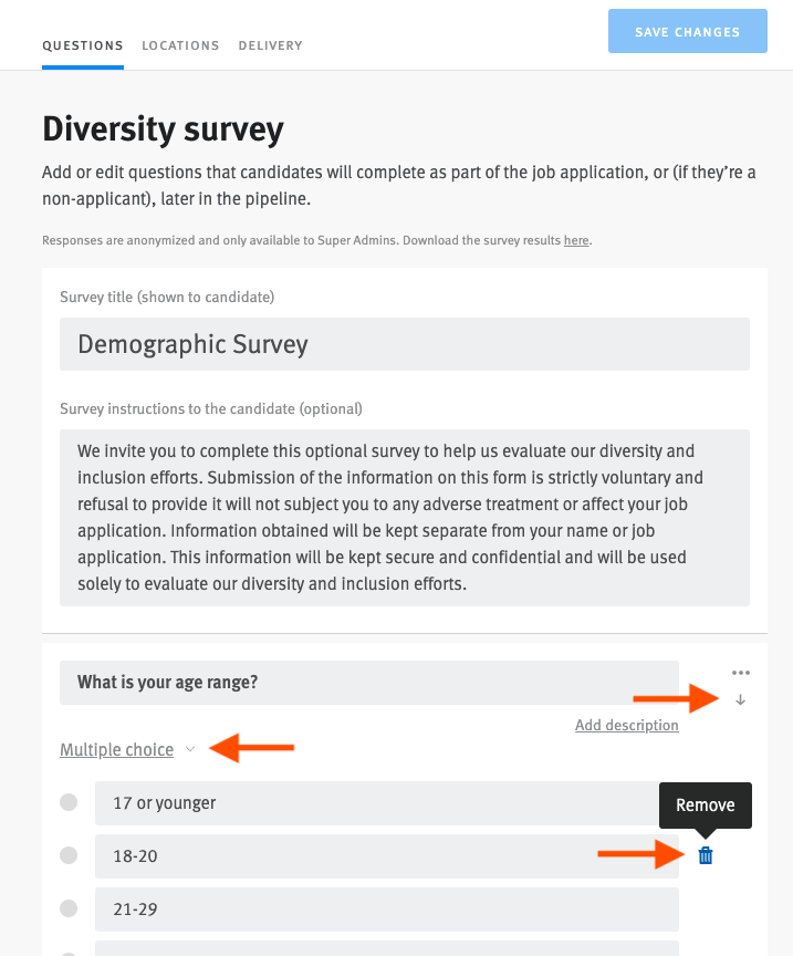 Survey configuration page with arrows pointing at a donwards arrow, question type label, and trash can icon