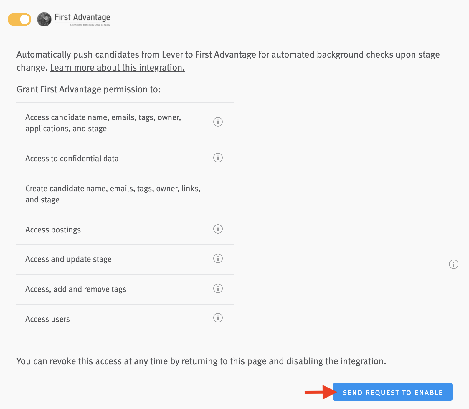 First Advantage toggle in Lever Settings with arrow pointing to Send Request to Enable button on expanded tile.