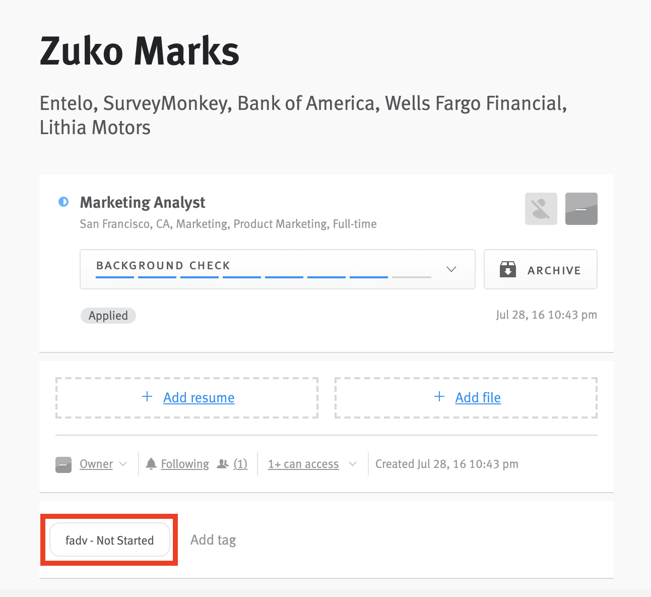 Close up opportunity profile with fadv - Not Started tag circled.