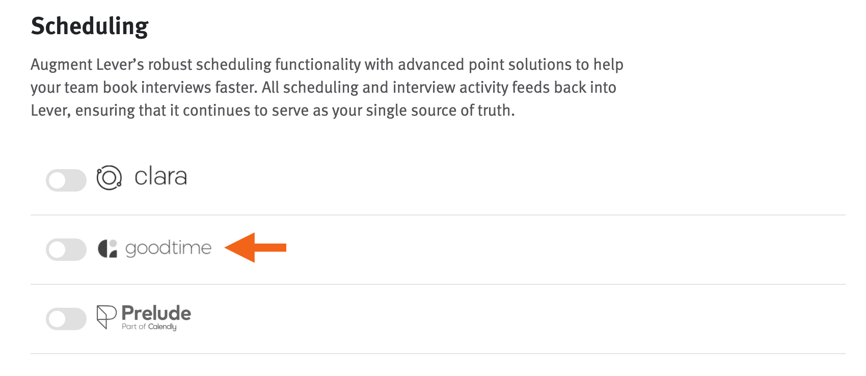 Lever settings page showing scheduling section and goodtime toggle
