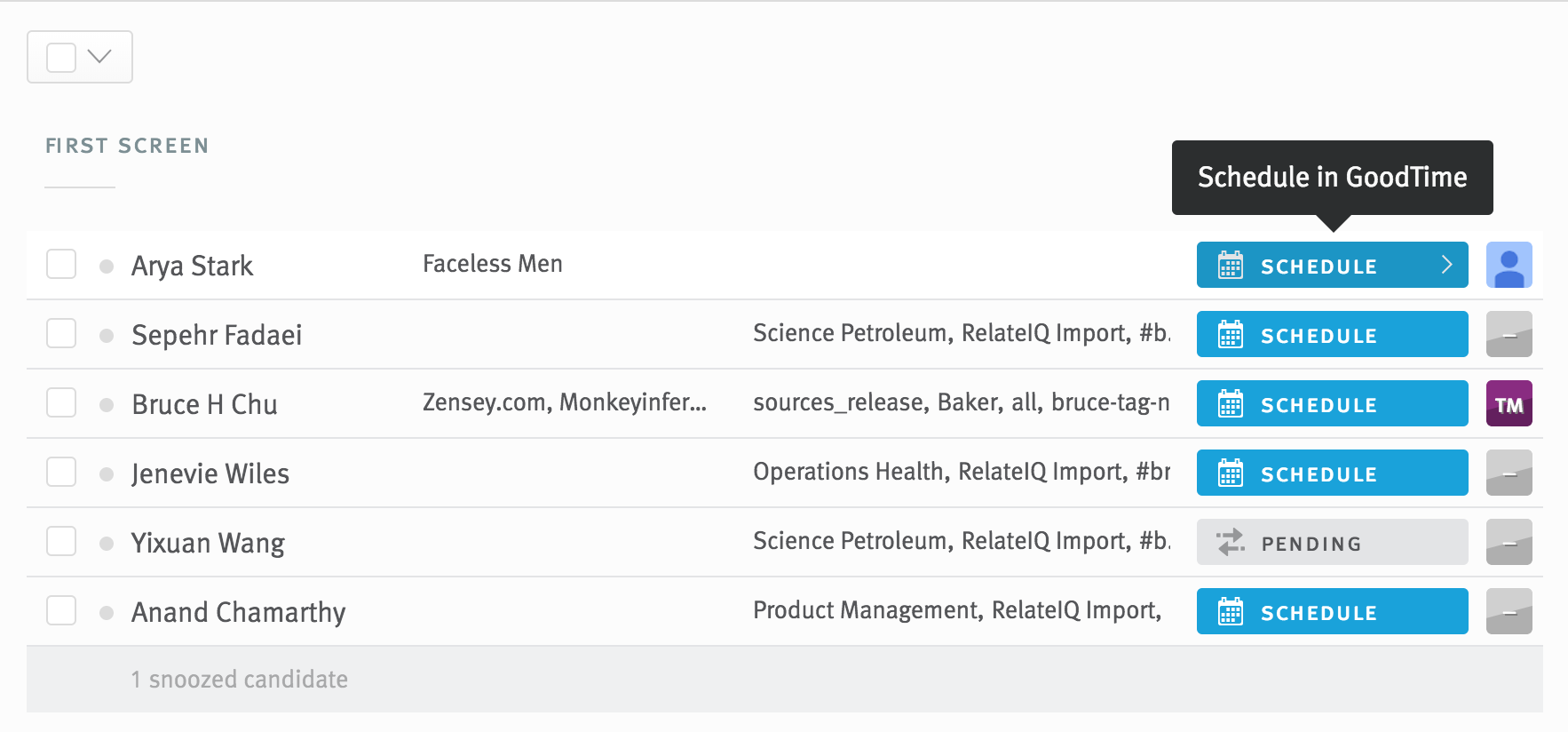 Lever candidate list showing shedule in goodtime option over schedule button