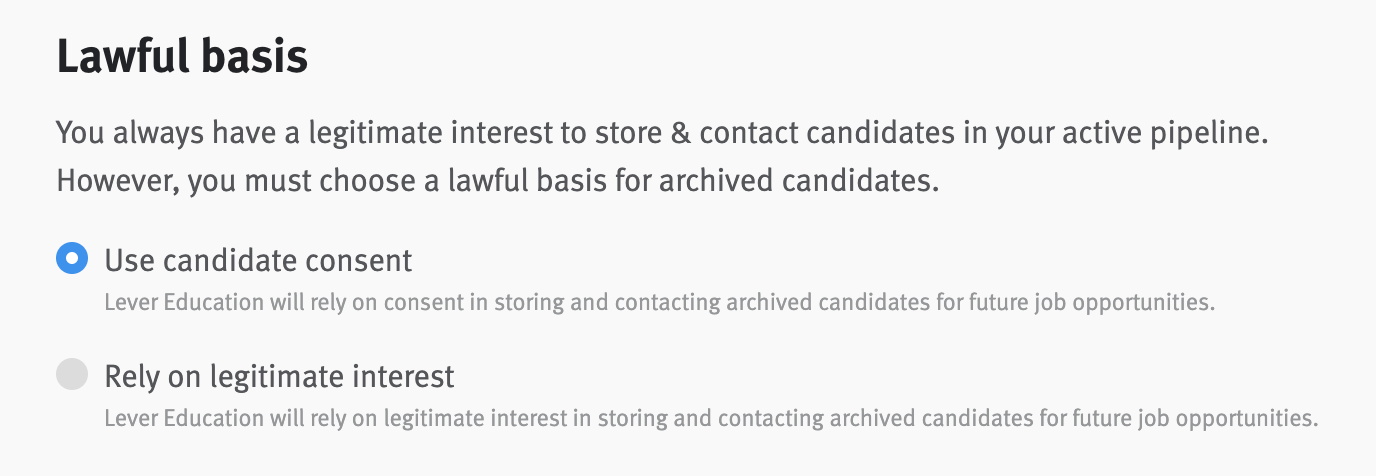 Lawful basis radio buttons