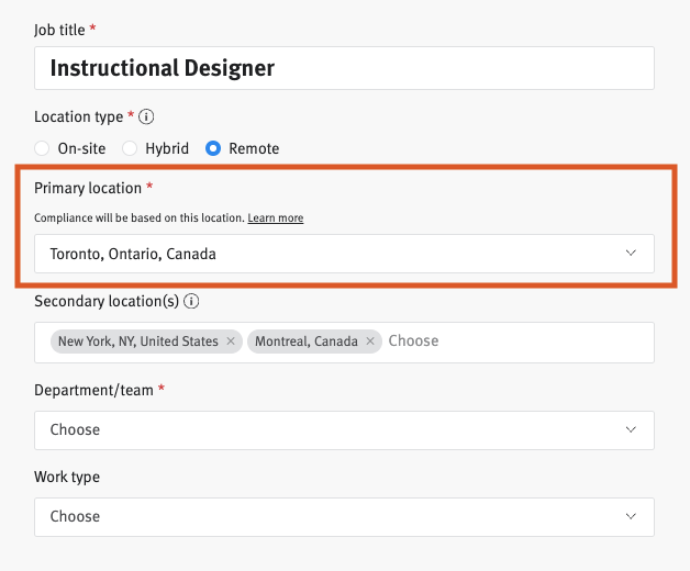 Job posting editor with Primary location section outlined.