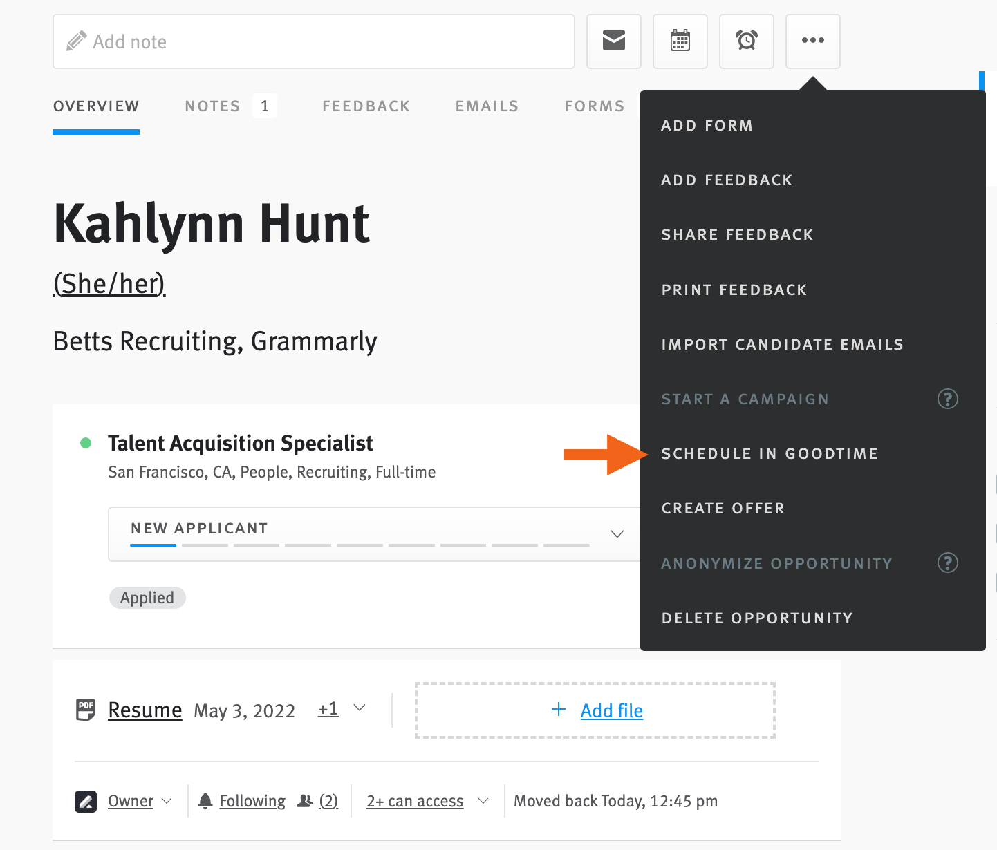 Candidate profile with dropdown menu and schedule in goodtime option selected