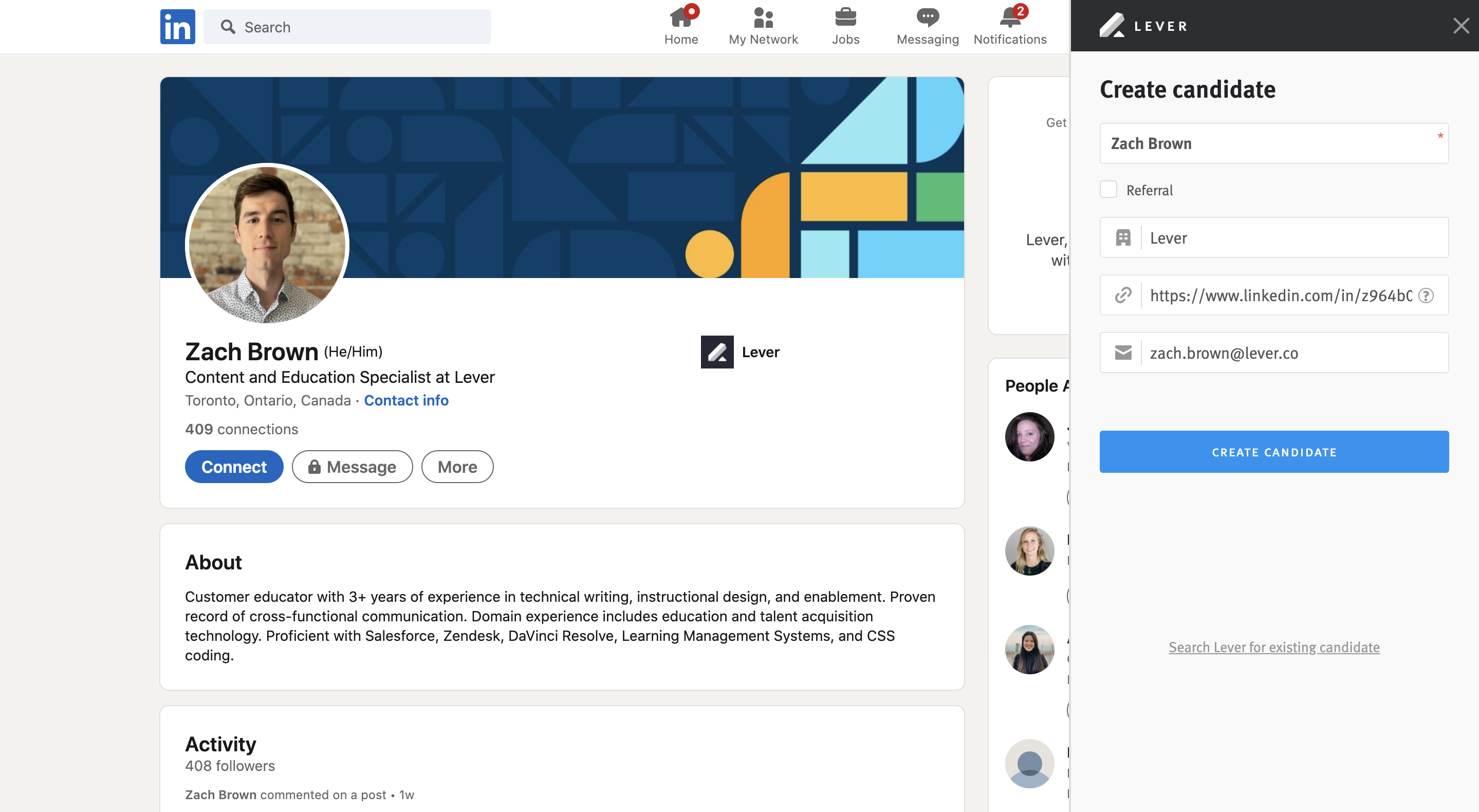 LinkedIn profile open in Chrome browswer window with Lever Chrome extension expanded, showing fields for candidate information.