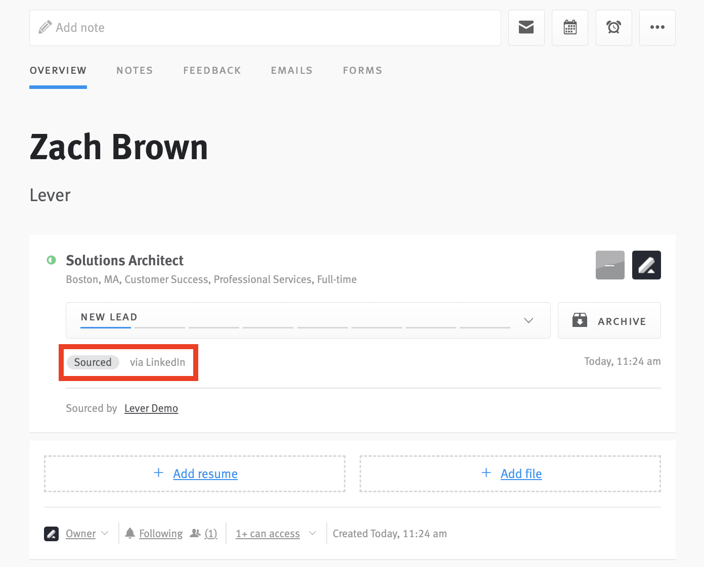 Close up of opportunity profile in Lever with origin reading 'Sourced' and source reading 'LinkedIn' circled.