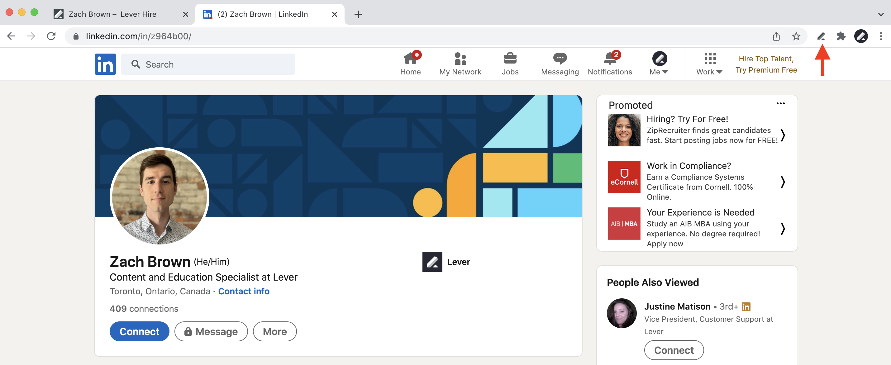 Chrome Browser open to a LinkedIn profile with arrow pointing to Lever extension in upper-right of browser window.