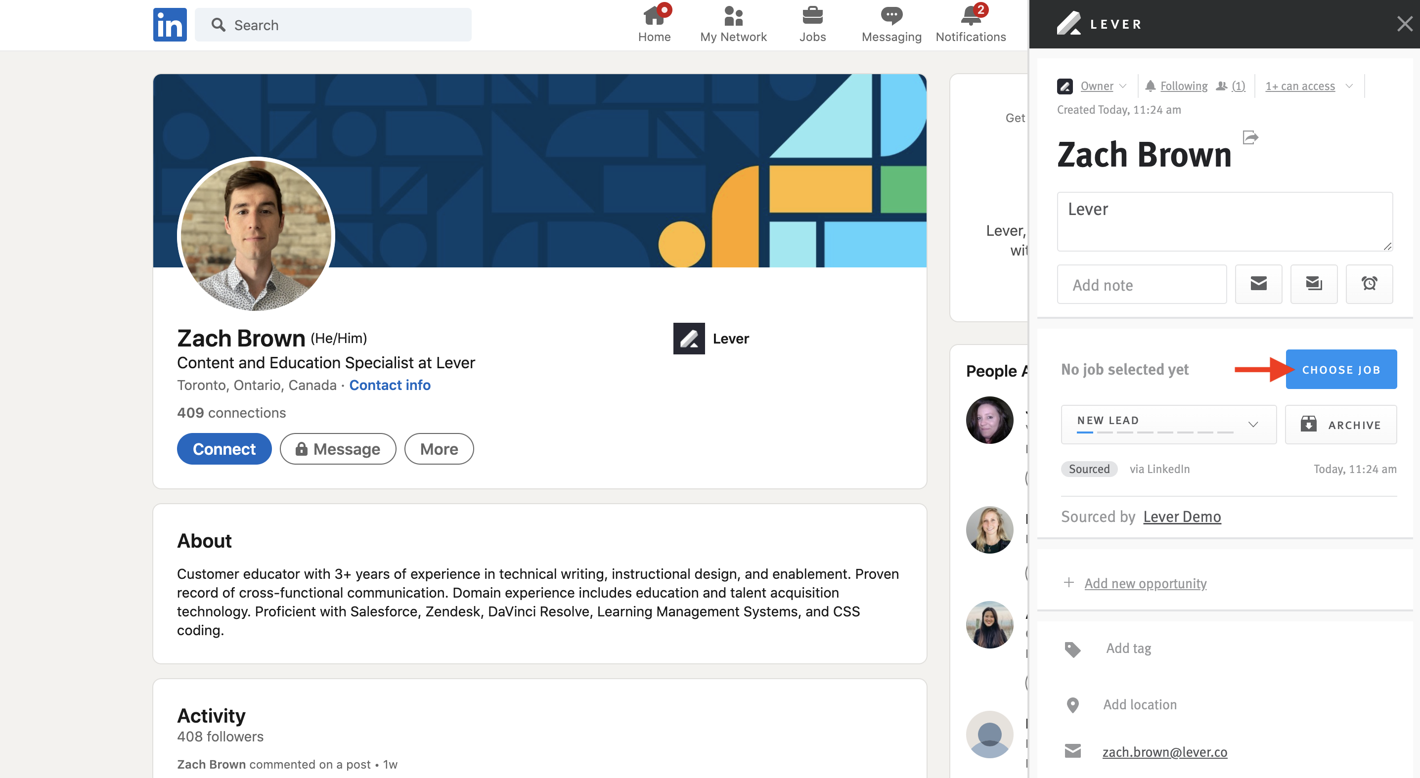 LinkedIn profile open in Chrome browswer window with Lever Chrome extension expanded, showing newly created candidate profile in Lever wiht arrow pointing to Choose Job button.