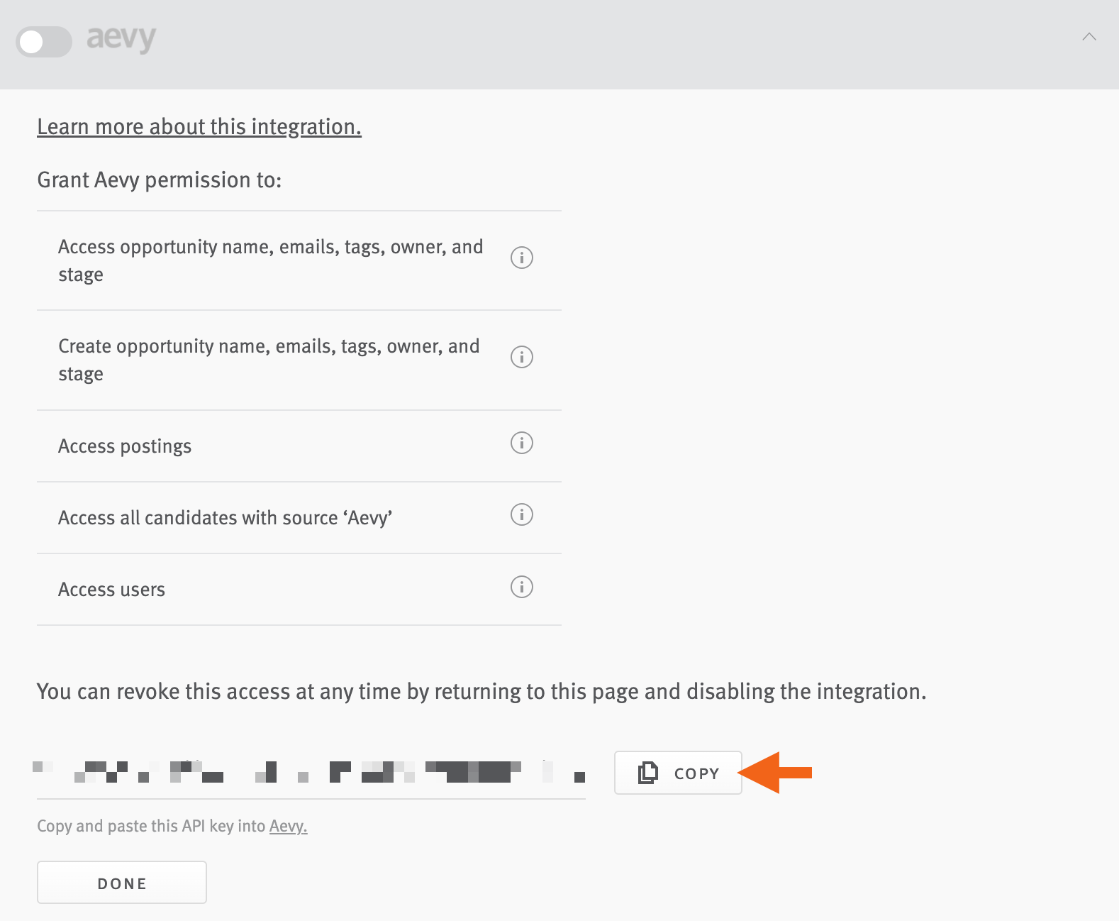 Lever settings showing aevy section with arrow pointing to copy button next to API key