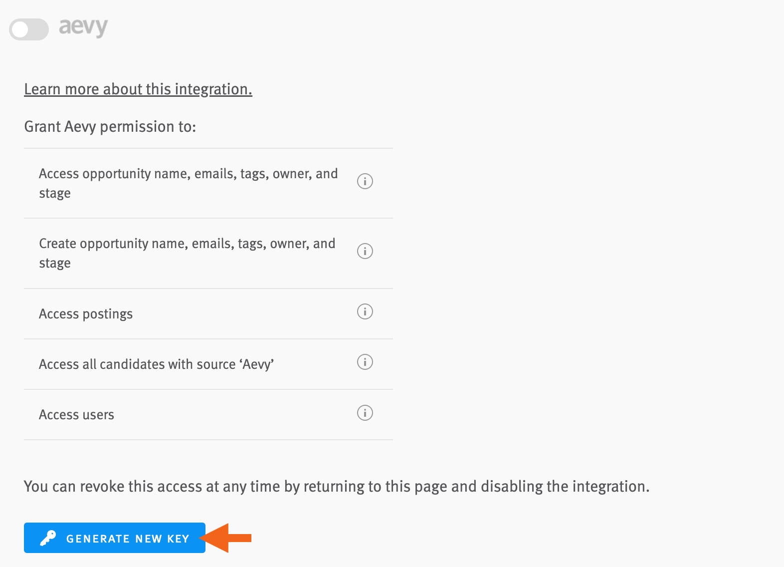 Lever settings showing aevy section with list of permissions