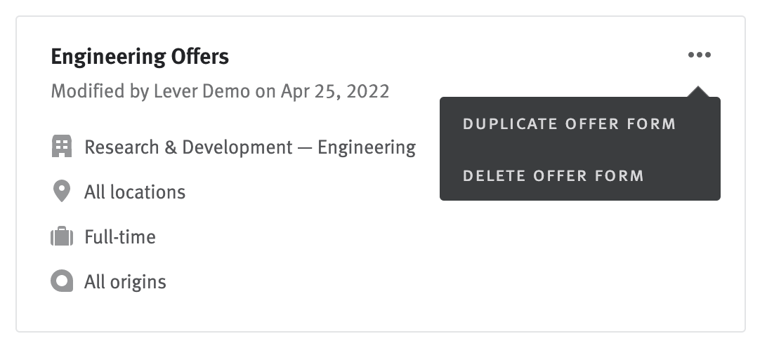 Close-up of custom offer form card with options to duplicate or delete extending from the ellipses.